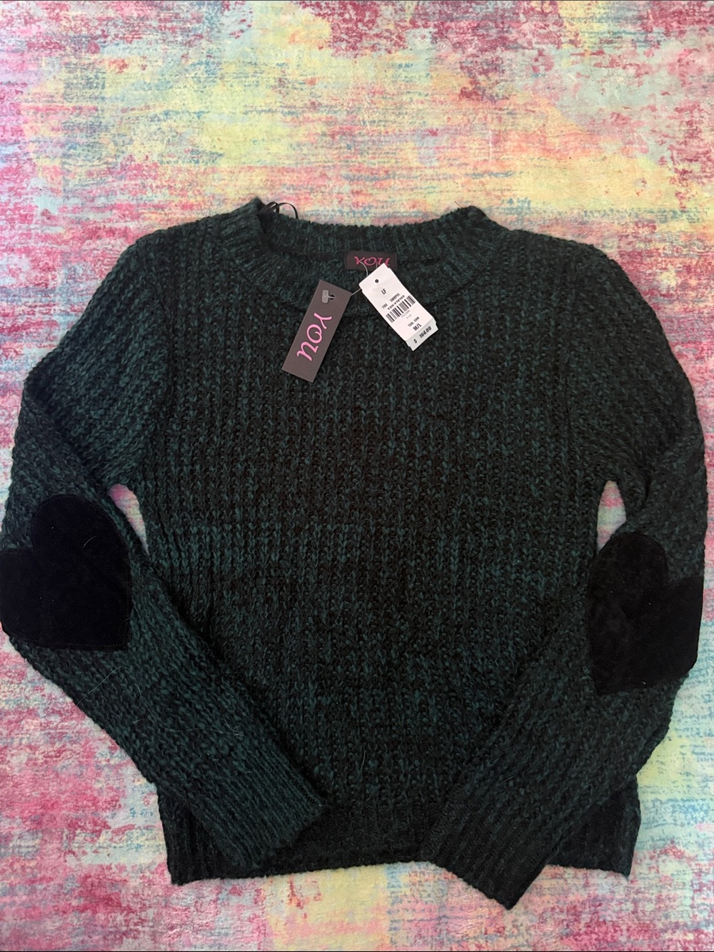 XOXO Forest Green Marled Crewneck Sweater with Elbow Patches